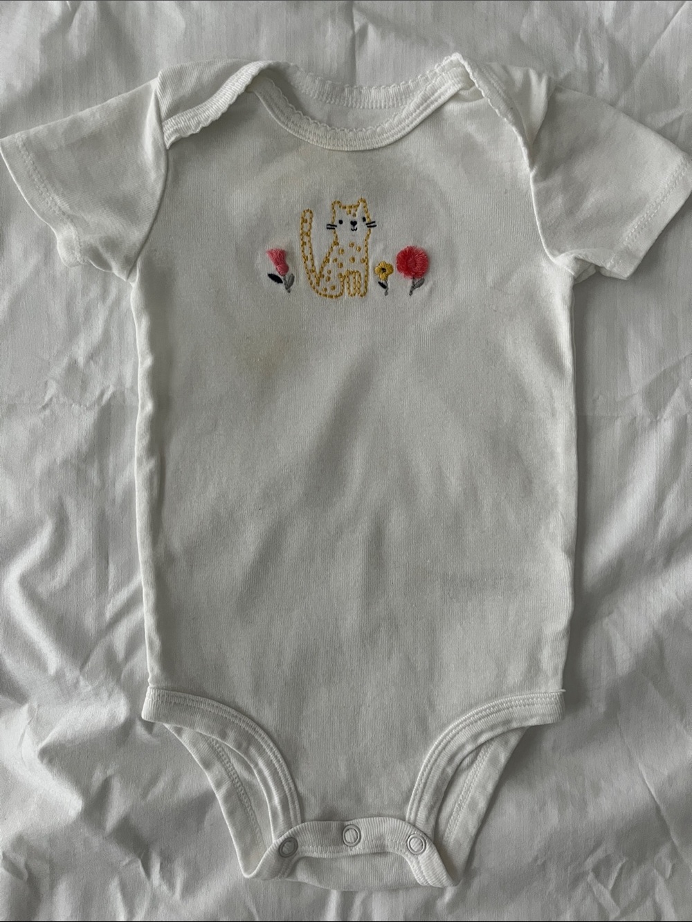 Carter's White Baby One-Piece with Yellow Cat and Pink Flower Embroidery